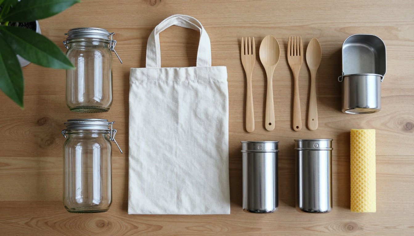 Zero waste concept showing reusable items replacing single-use products