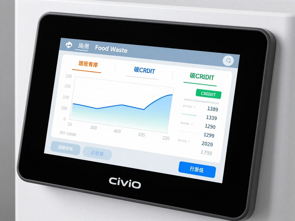 หน้าจอทัชสกรีนของเครื่องย่อยสลายเศษอาหาร CiviO แสดงข้อมูลการใช้งาน หน้าจอทัชสกรีนของเครื่องย่อยสลายเศษอาหาร CiviO แสดงข้อมูลการใช้งาน